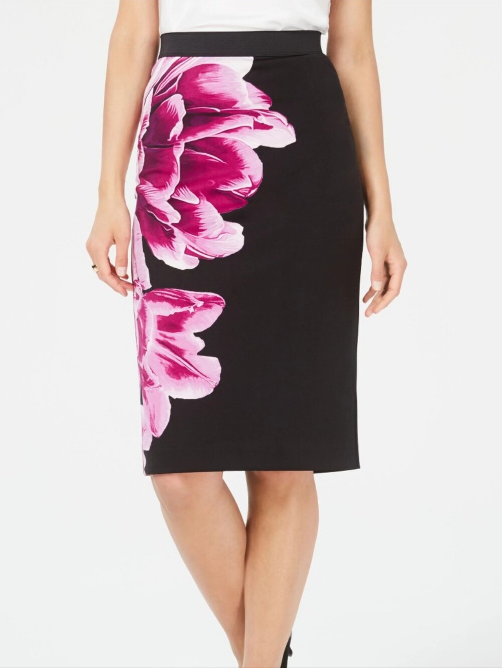 Nwt Alfani Printed Scuba Pencil Skirt - Black with Pink Floral